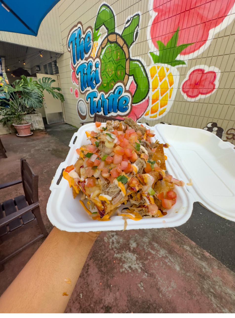 Kalua pork nachos with fresh toppings